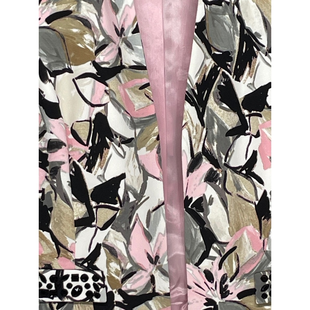 Kasper Women Blazer 10 Open Front Pink Floral Beaded Abstract Jacket Lined - Picture 2 of 11